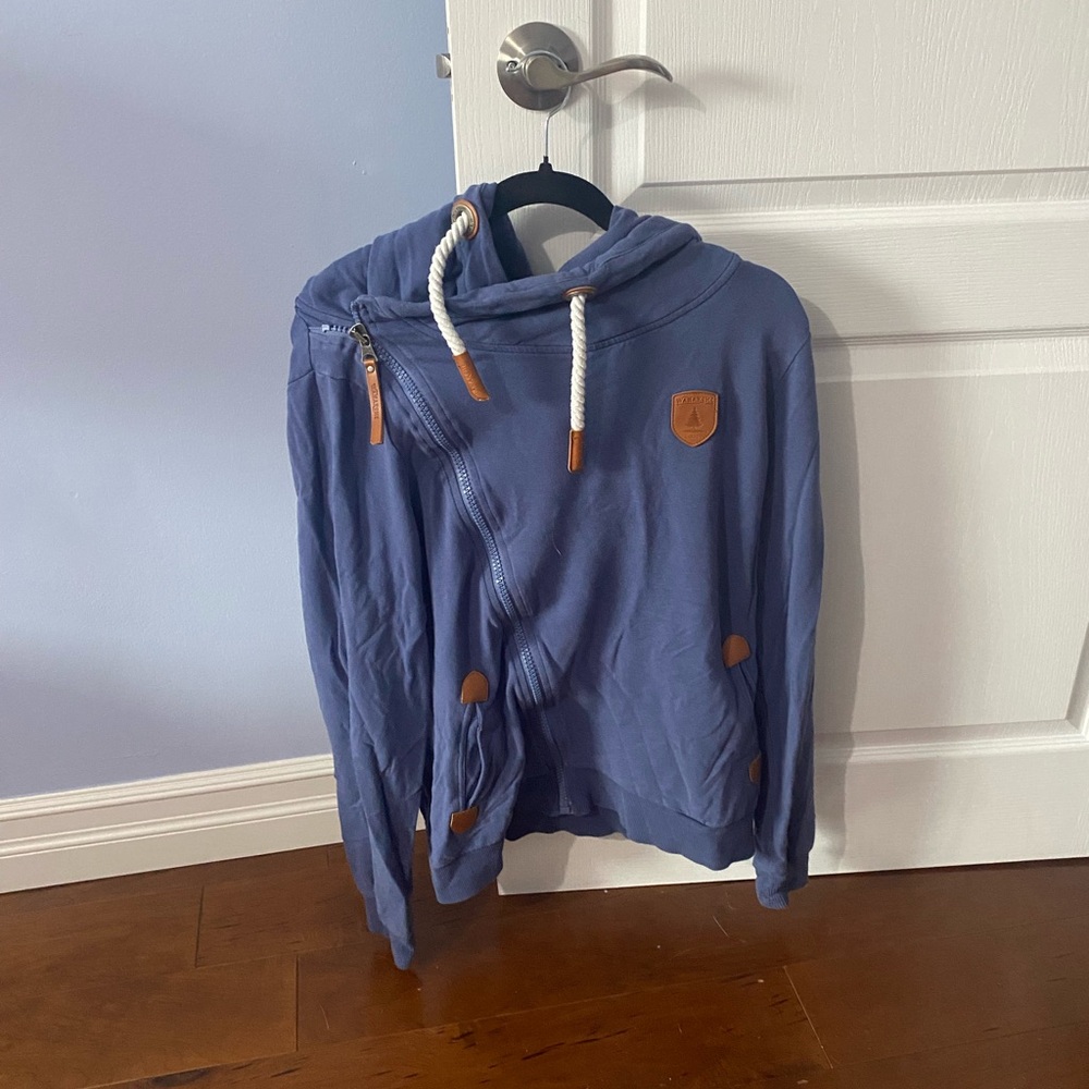 Blue Asymmetrical Zip Hoodie with Brown Accents